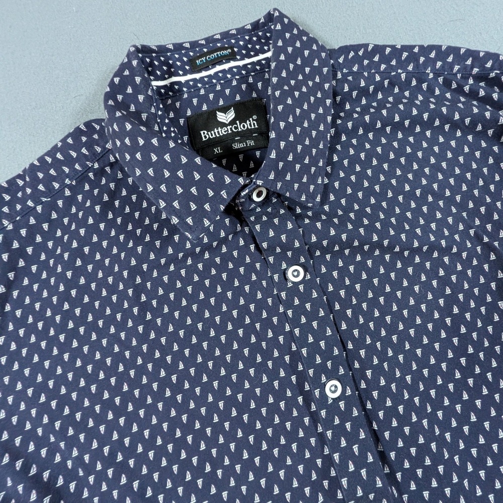 Buttercloth Button Down Shirt Mens XL Slim Fit Icy Cotton Sailboat Navy Blue‎